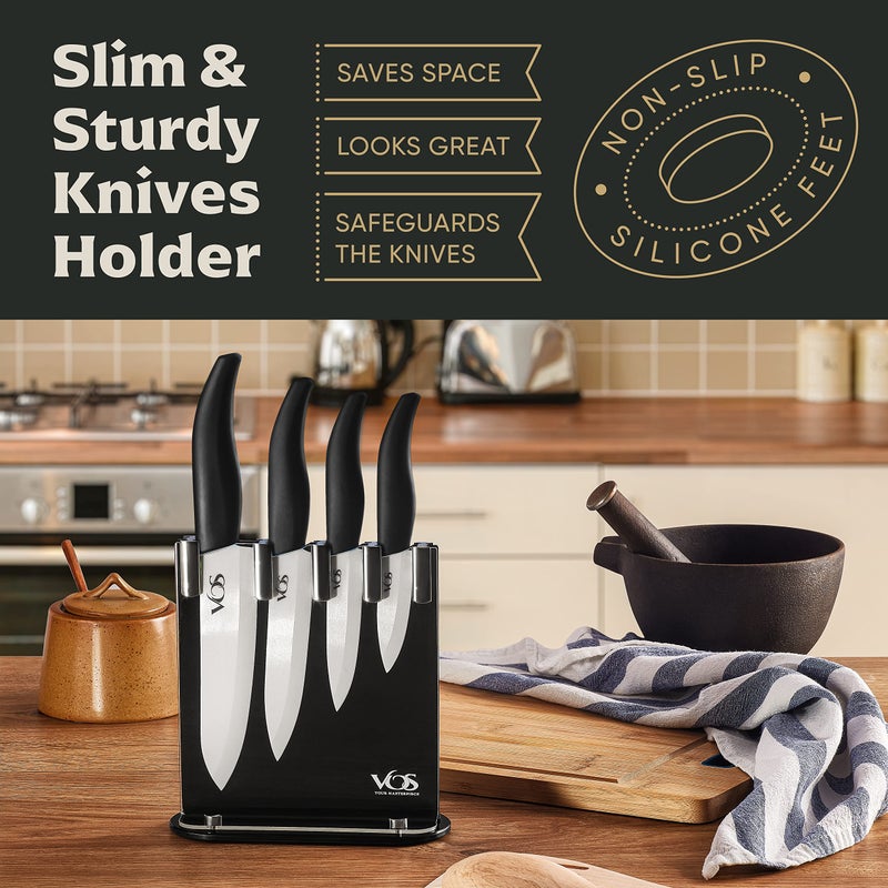 Vos Ceramic Knife Set with Block, Ceramic Knives Set For Kitchen, Ultra Sharp Kitchen Knife Set with Covers, 3" 4" 5" 6" Chef Knife, Utility, Paring & Versatile, Lightweight, Dishwasher safe (Black) - Image 4